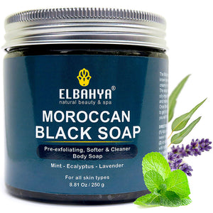 2 in 1 Moroccan Black Soap & Exfoliating Mitt with Olive & Eucalyptus Essential Oil 10.58 oz / 300g